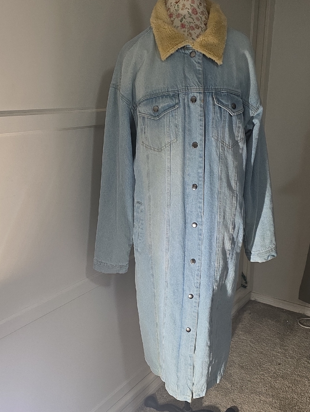 Scully Light Blue Denim Longline Coat with Cream Sherpa Collar - Women